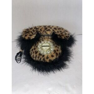 vintage 1990s Faith Knight leopard print Fuzzy telephone With Feather Accents